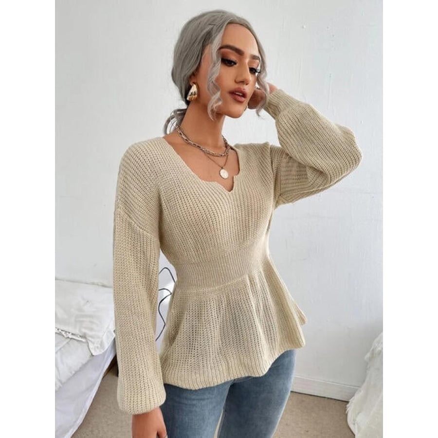 Notched Dropped Shoulder Knit Top