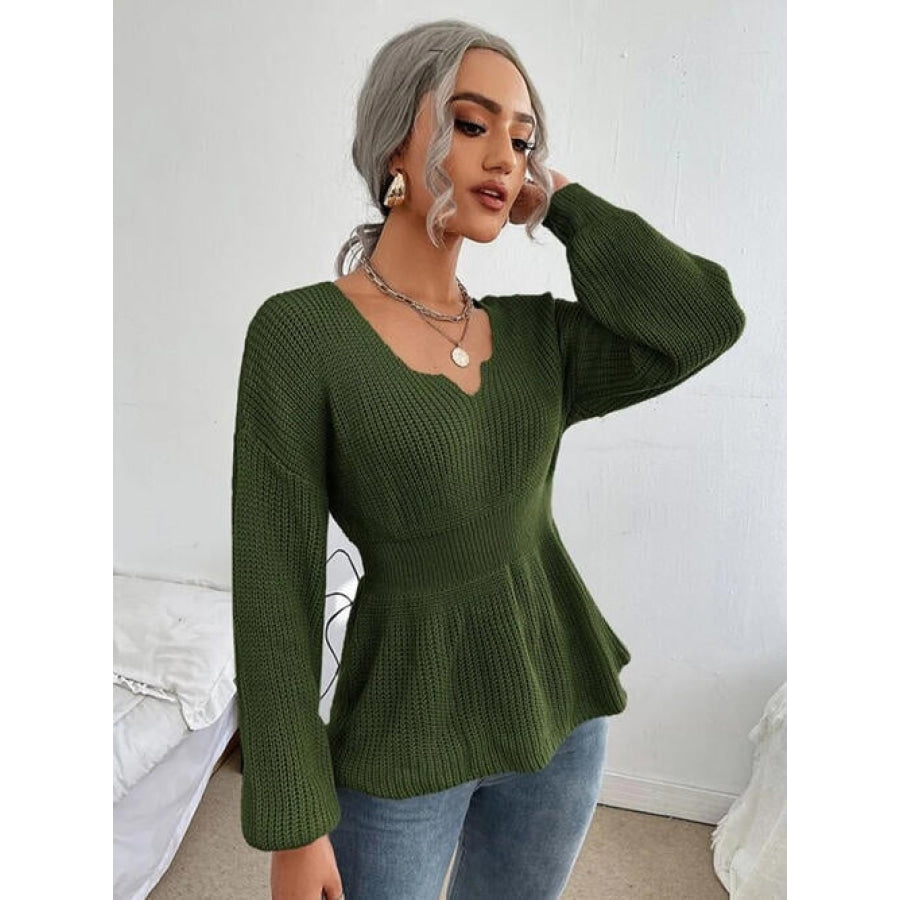 Notched Dropped Shoulder Knit Top