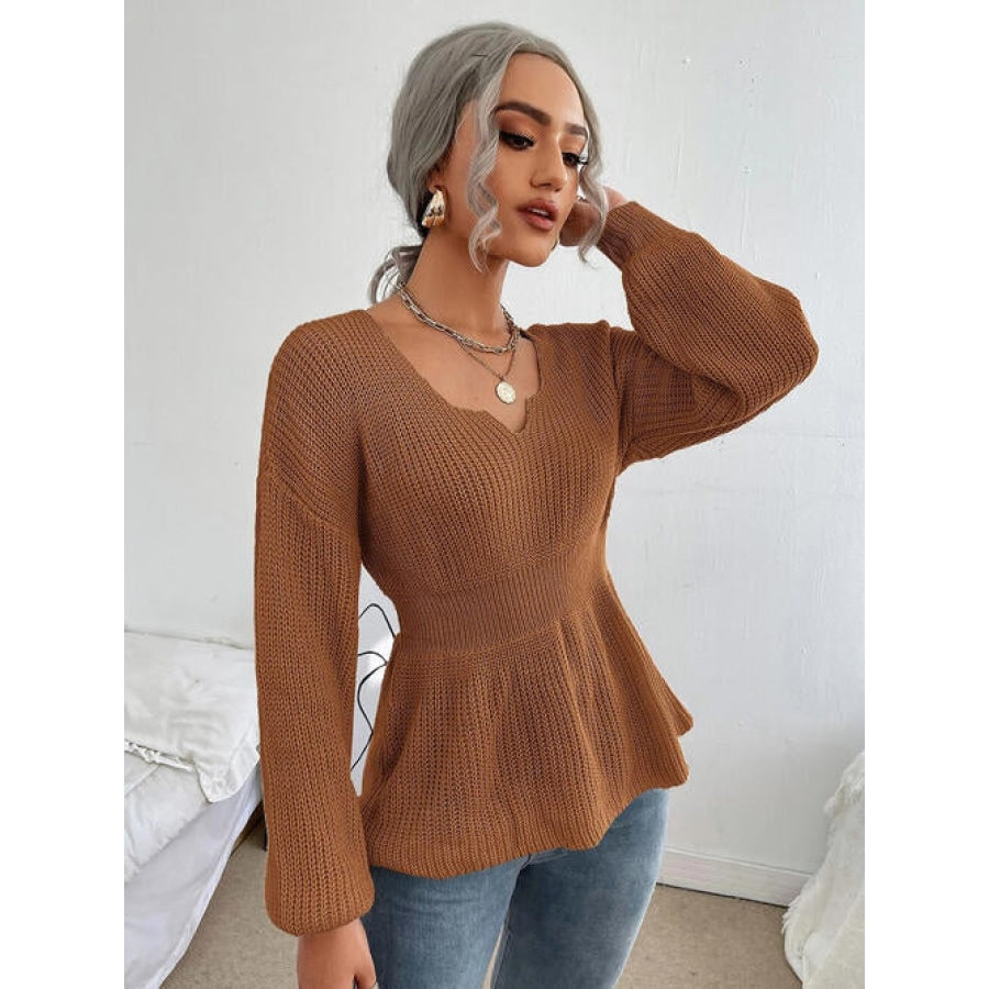 Notched Dropped Shoulder Knit Top