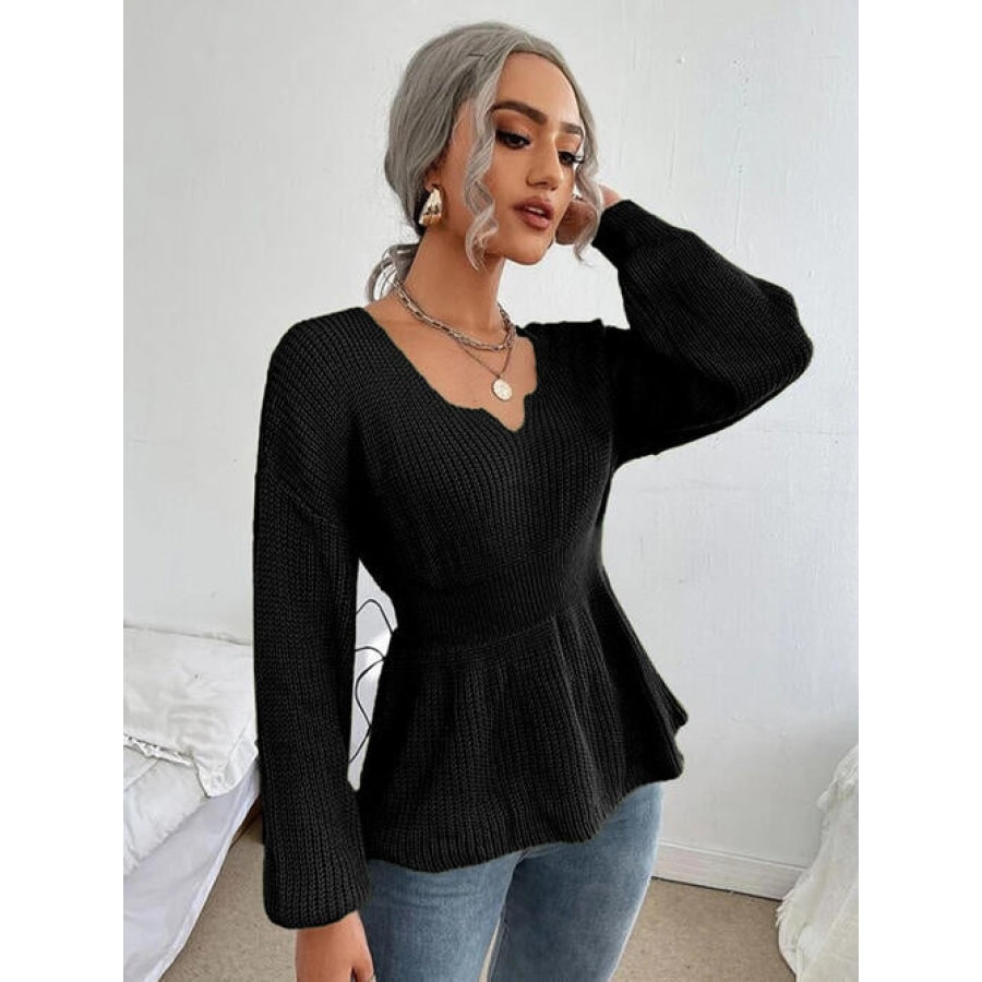 Notched Dropped Shoulder Knit Top