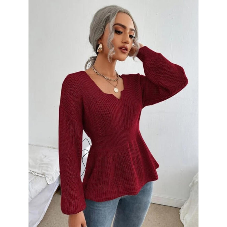 Notched Dropped Shoulder Knit Top Wine / S