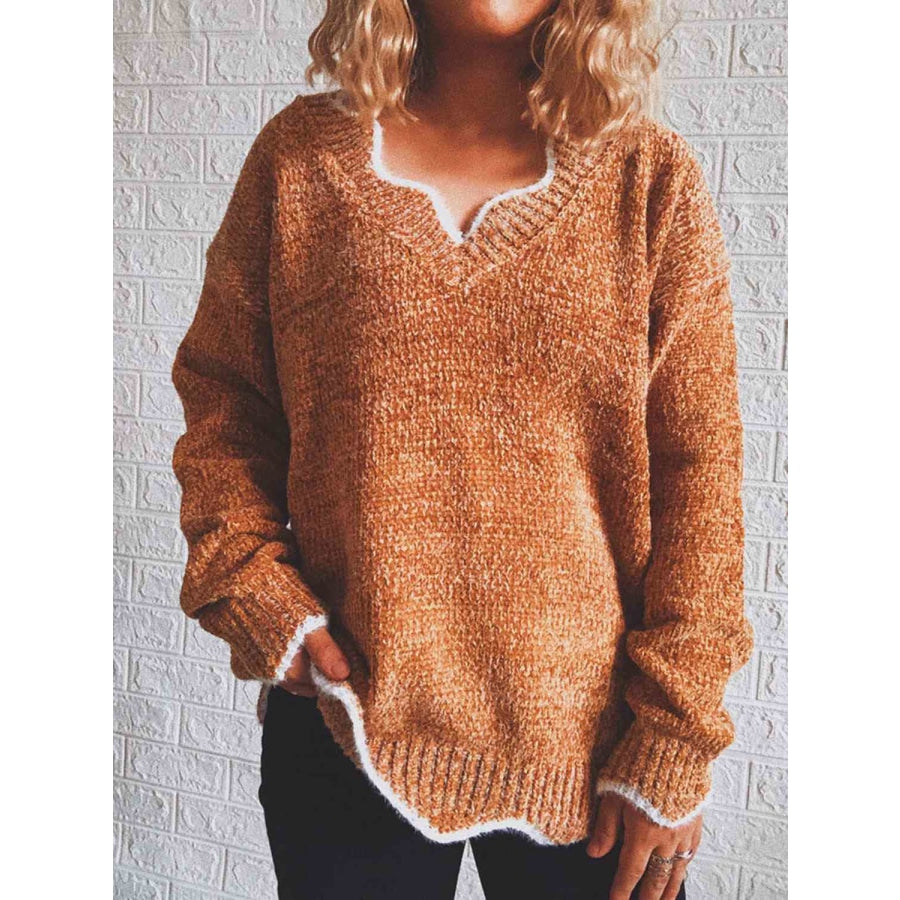 Notched Dropped Shoulder Long Sleeve Sweater Camel / S Sweater