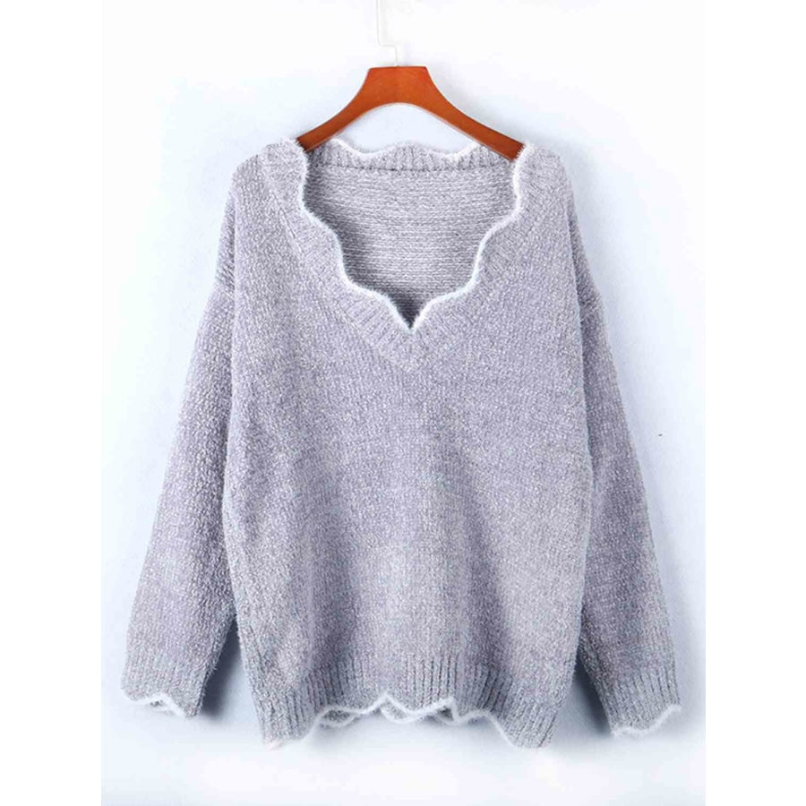 Notched Dropped Shoulder Long Sleeve Sweater Cloudy Blue / S Sweater