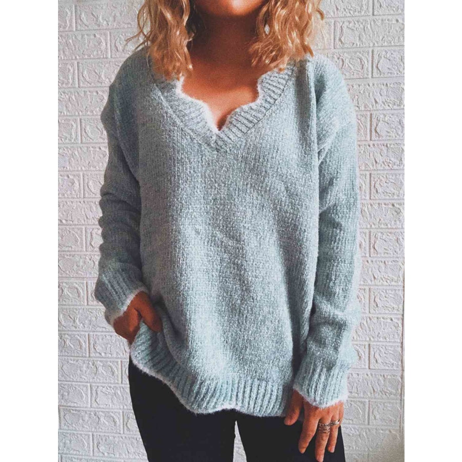 Notched Dropped Shoulder Long Sleeve Sweater Misty Blue / S Sweater