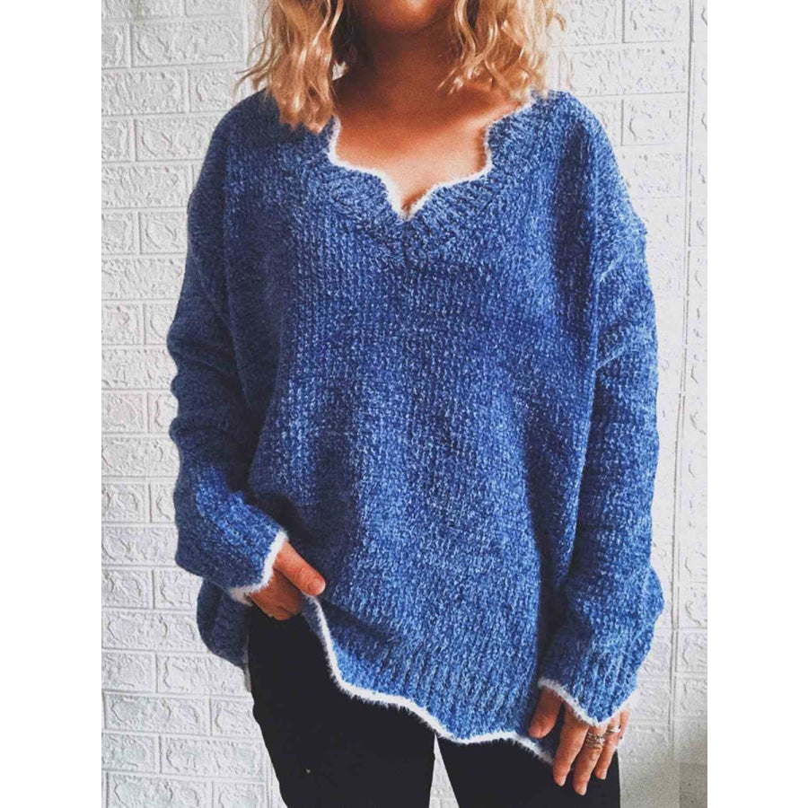 Notched Dropped Shoulder Long Sleeve Sweater Royal Blue / S Sweater