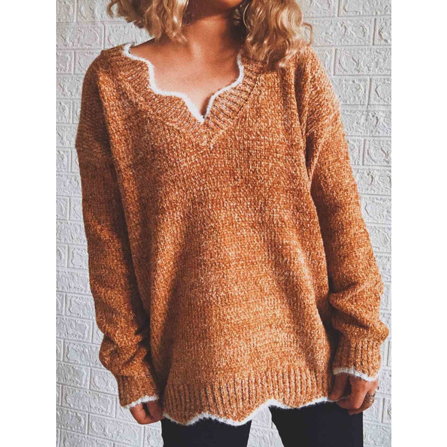 Notched Dropped Shoulder Long Sleeve Sweater Sweater