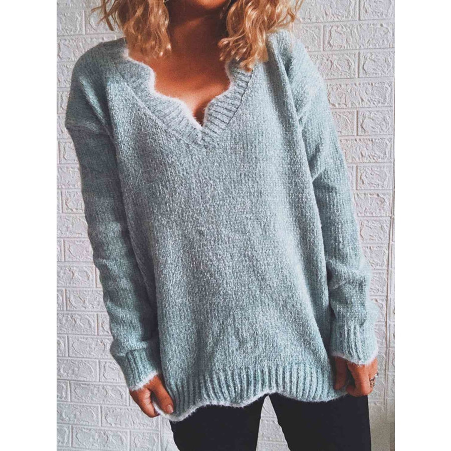 Notched Dropped Shoulder Long Sleeve Sweater Sweater