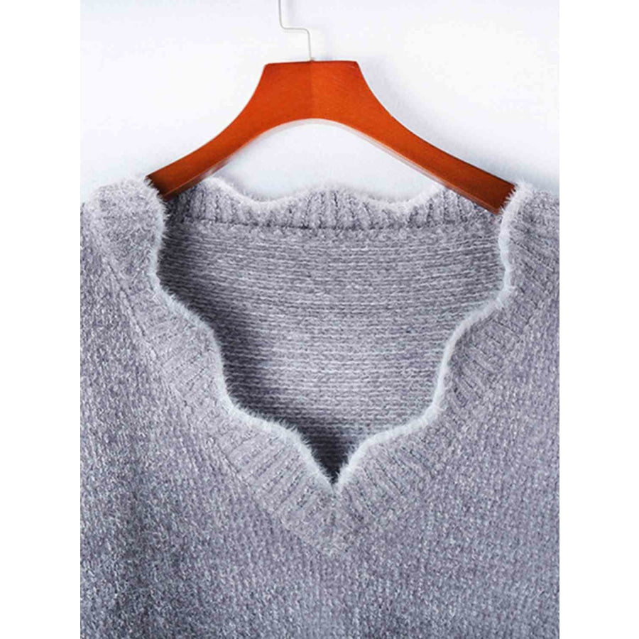 Notched Dropped Shoulder Long Sleeve Sweater Sweater