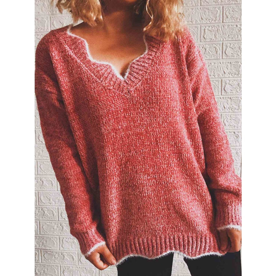 Notched Dropped Shoulder Long Sleeve Sweater Sweater