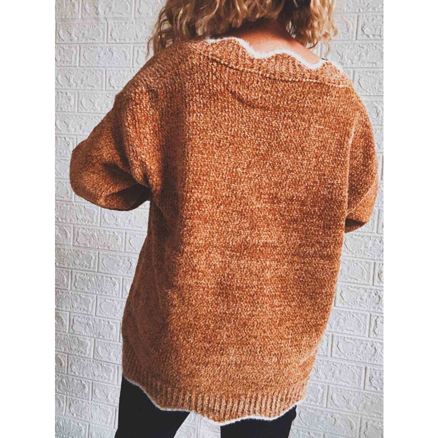 Notched Dropped Shoulder Long Sleeve Sweater Sweater