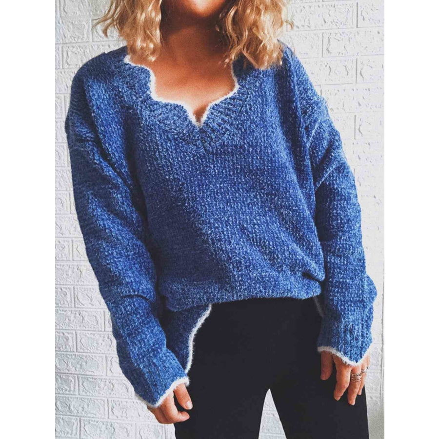 Notched Dropped Shoulder Long Sleeve Sweater Sweater