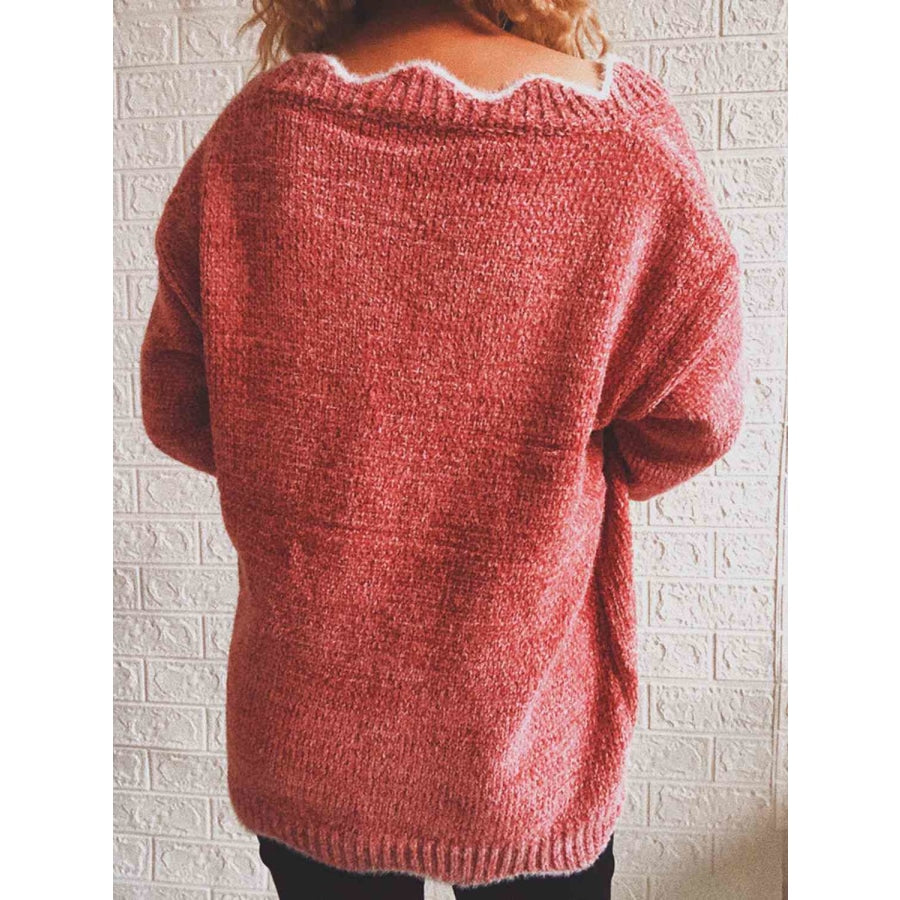 Notched Dropped Shoulder Long Sleeve Sweater Sweater