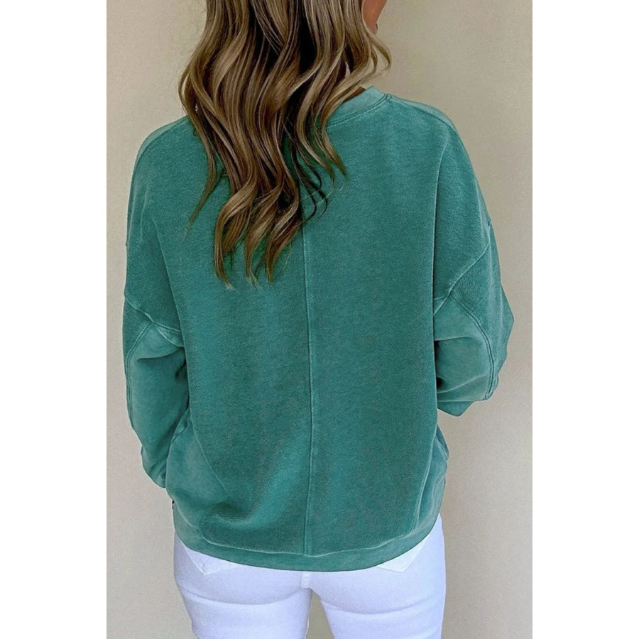 Notched Dropped Shoulder Long Sleeve Sweatshirt Apparel and Accessories