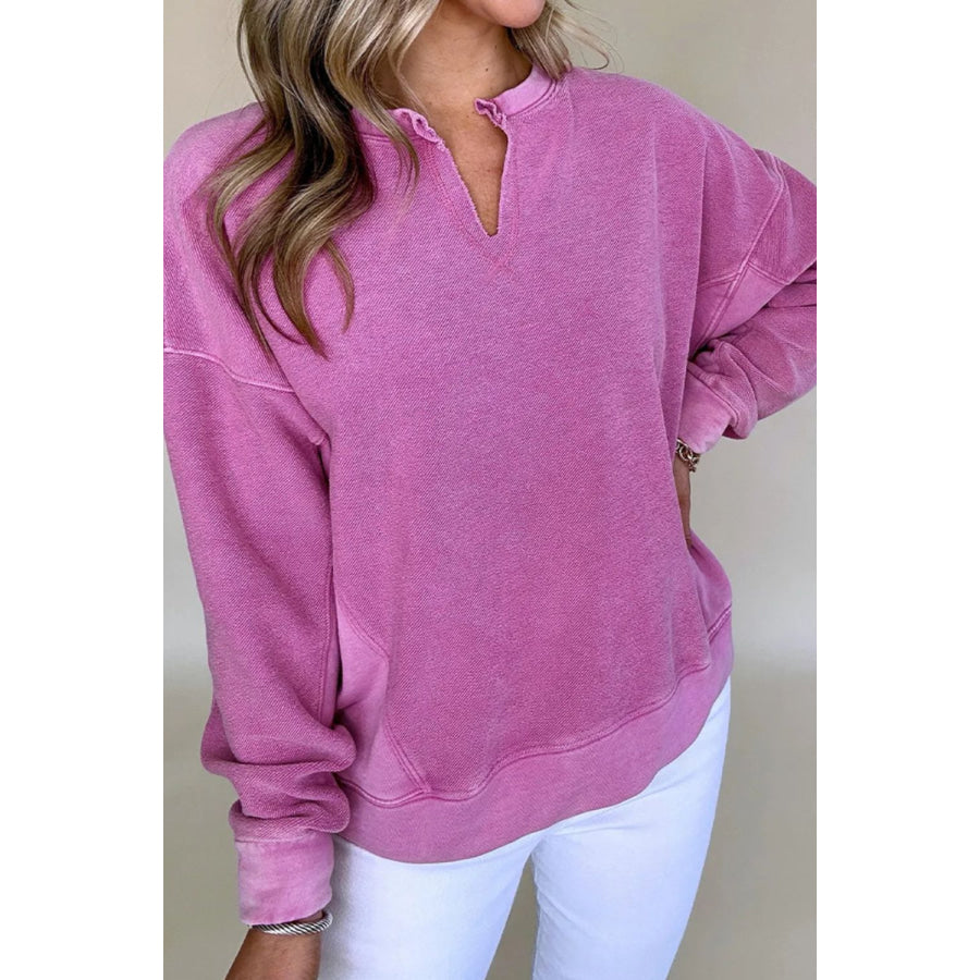Notched Dropped Shoulder Long Sleeve Sweatshirt Cerise / S Apparel and Accessories