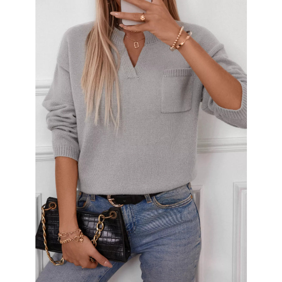Notched Dropped Shoulder Sweater Apparel and Accessories