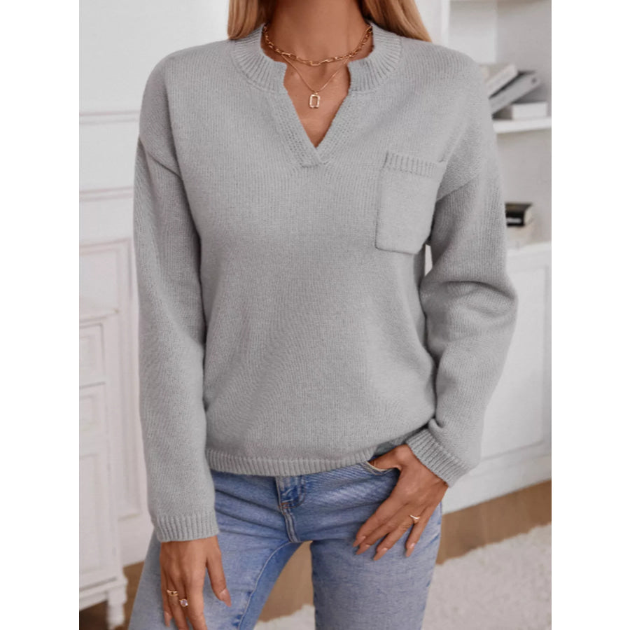 Notched Dropped Shoulder Sweater Apparel and Accessories