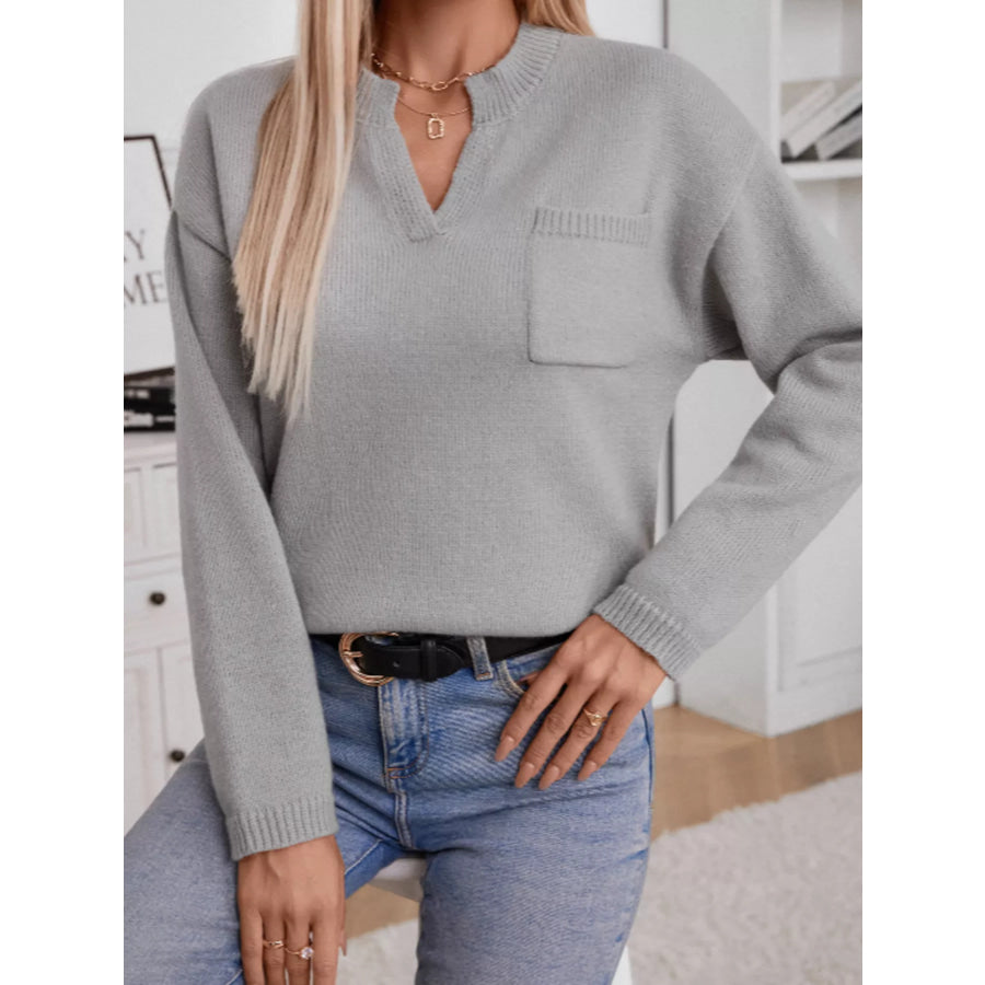 Notched Dropped Shoulder Sweater Apparel and Accessories
