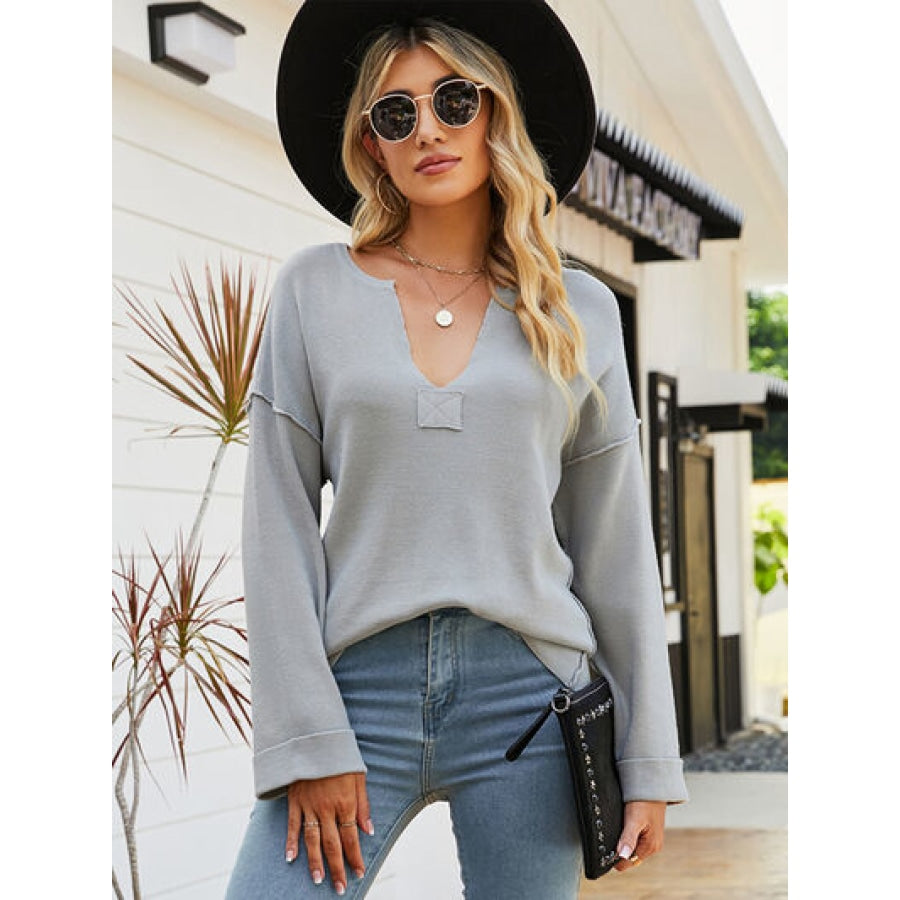 Notched Dropped Shoulder Sweater Light Gray / S Clothing