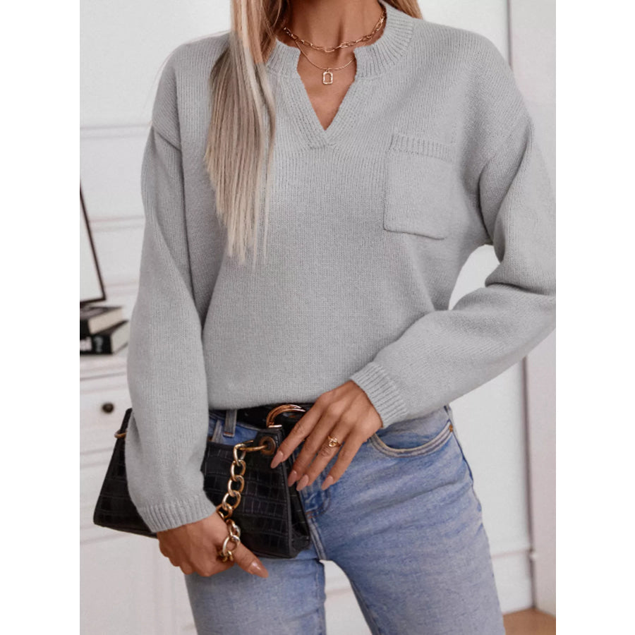 Notched Dropped Shoulder Sweater Apparel and Accessories