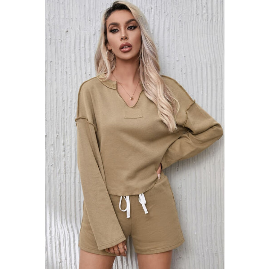 Notched Exposed Seam Top and Drawstring Shorts Set Camel / S Clothing