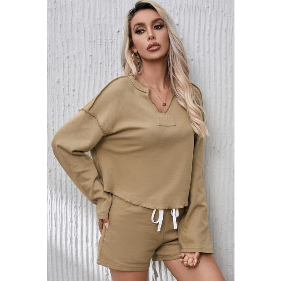 Notched Exposed Seam Top and Drawstring Shorts Set Clothing