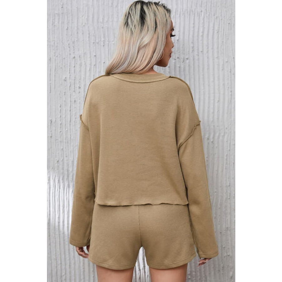 Notched Exposed Seam Top and Drawstring Shorts Set Camel / S Clothing
