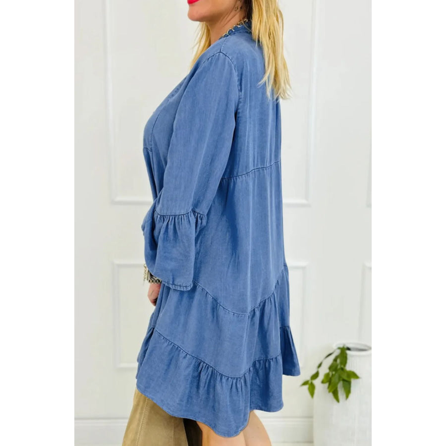 Notched Flare Sleeve Denim Dress Apparel and Accessories