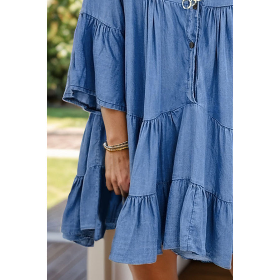 Notched Flare Sleeve Denim Dress Apparel and Accessories