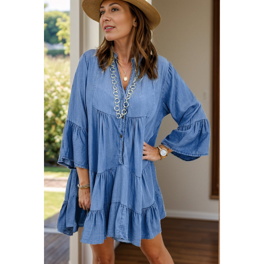 Notched Flare Sleeve Denim Dress Medium / S Apparel and Accessories