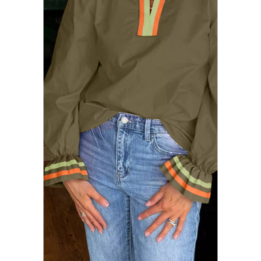 Notched Flounce Sleeve Blouse Apparel and Accessories