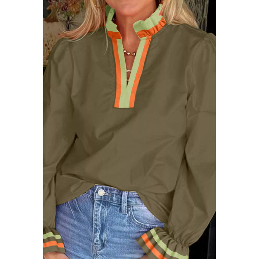 Notched Flounce Sleeve Blouse Apparel and Accessories