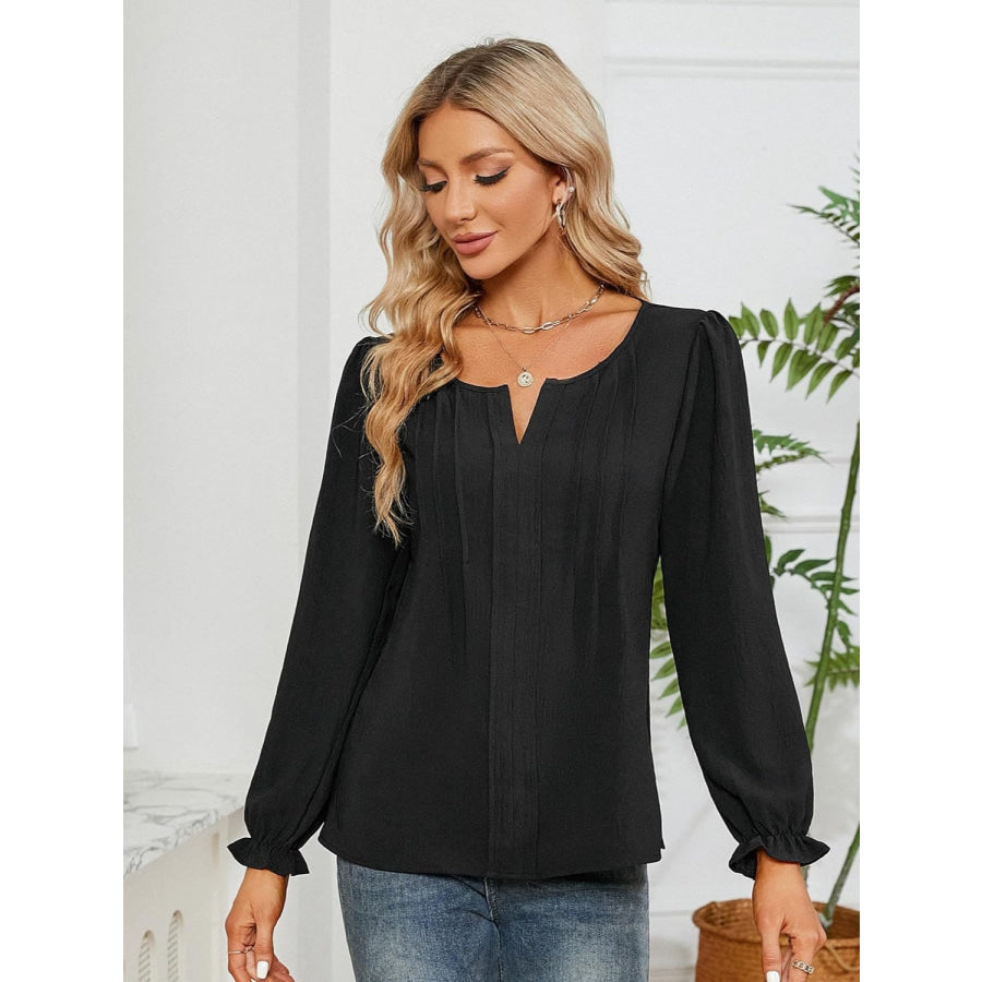 Notched Flounce Sleeve Blouse Black / S Shirts &amp; Tops