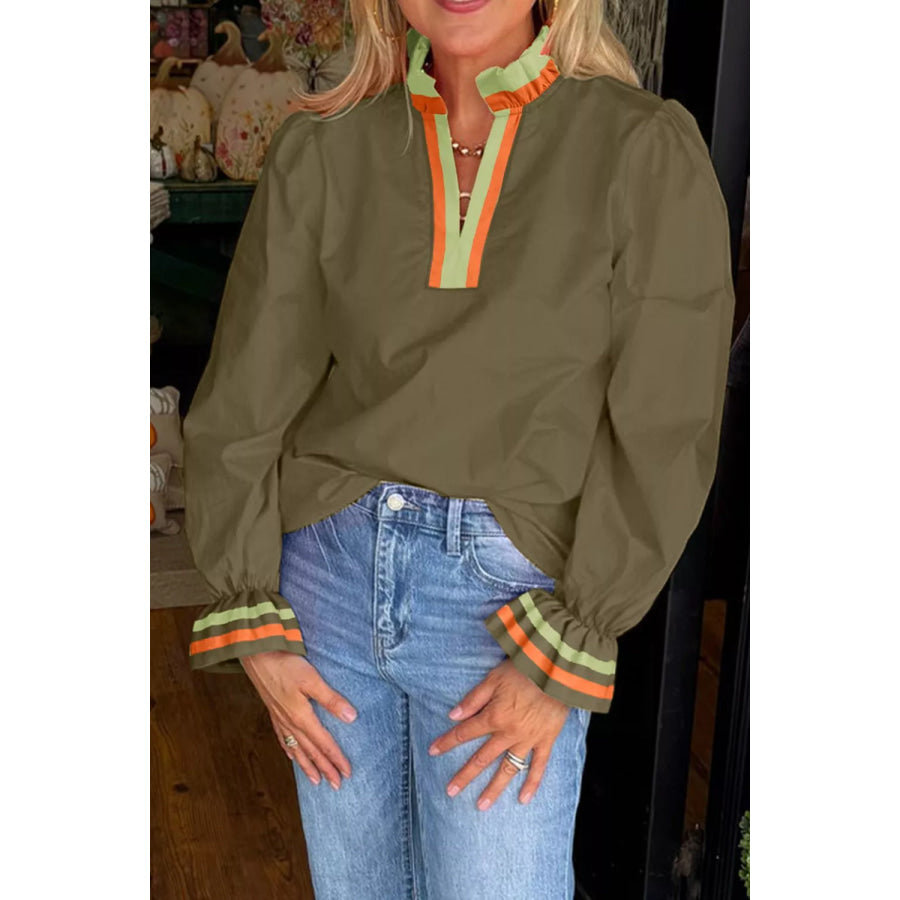 Notched Flounce Sleeve Blouse Moss / S Apparel and Accessories