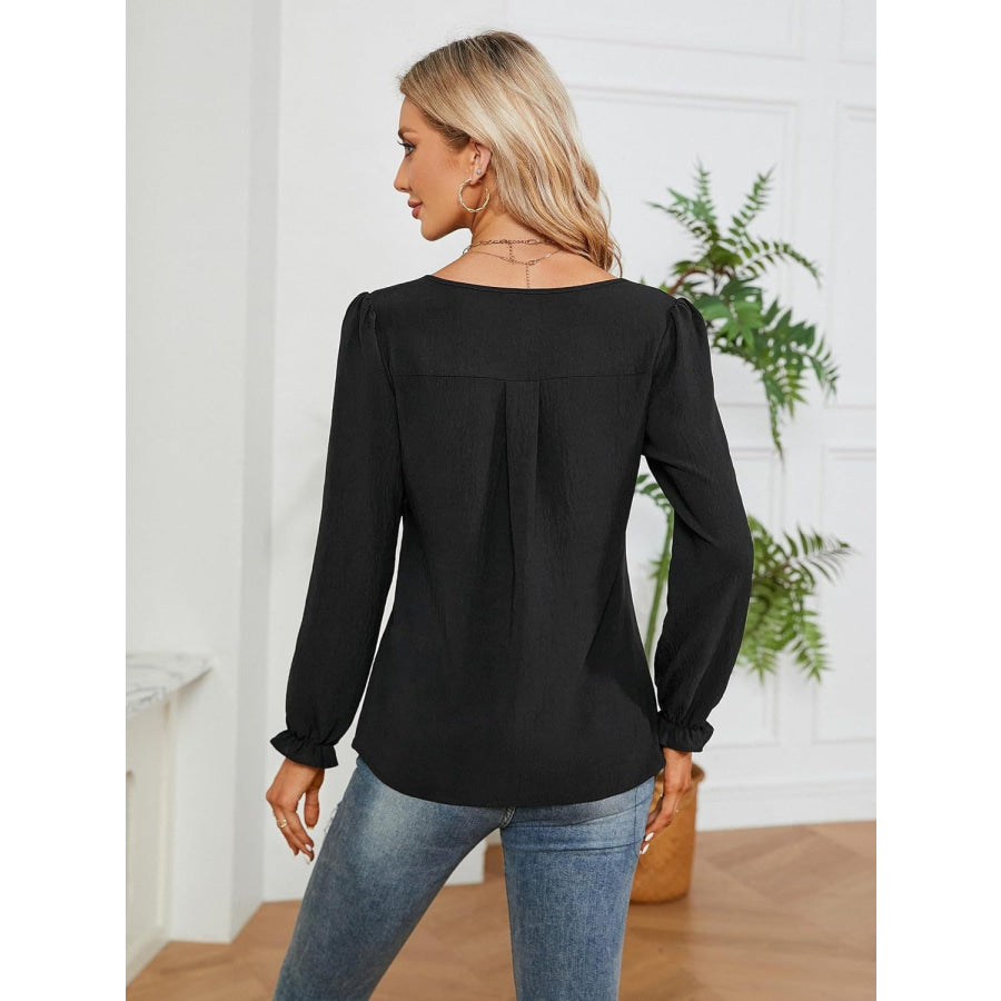 Notched Flounce Sleeve Blouse Black / S Shirts & Tops