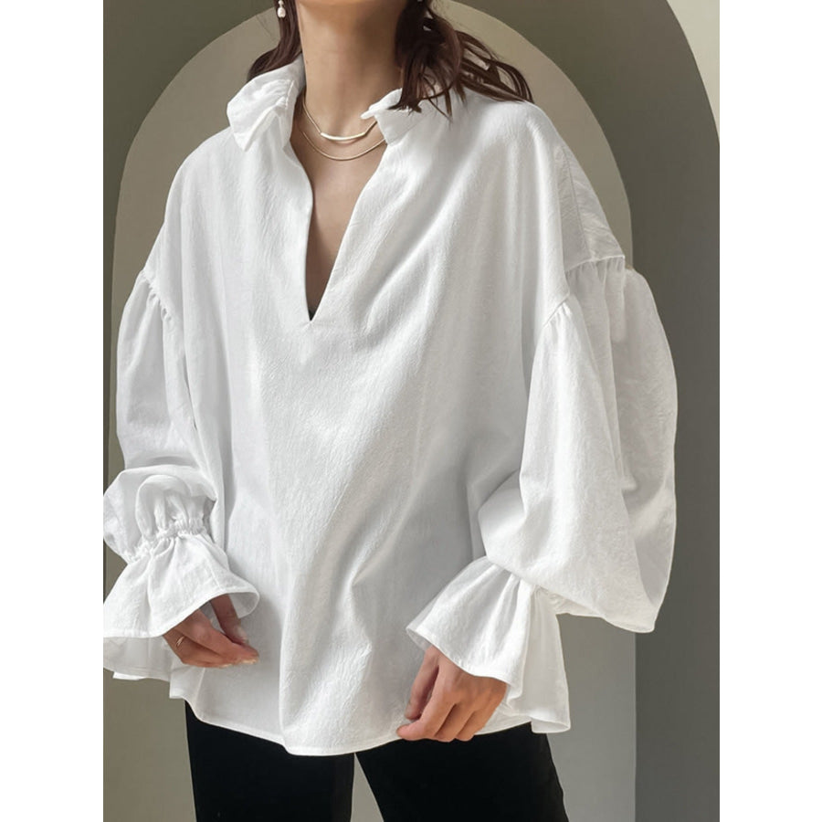 Notched Flounce Sleeve Blouse White / S Apparel and Accessories