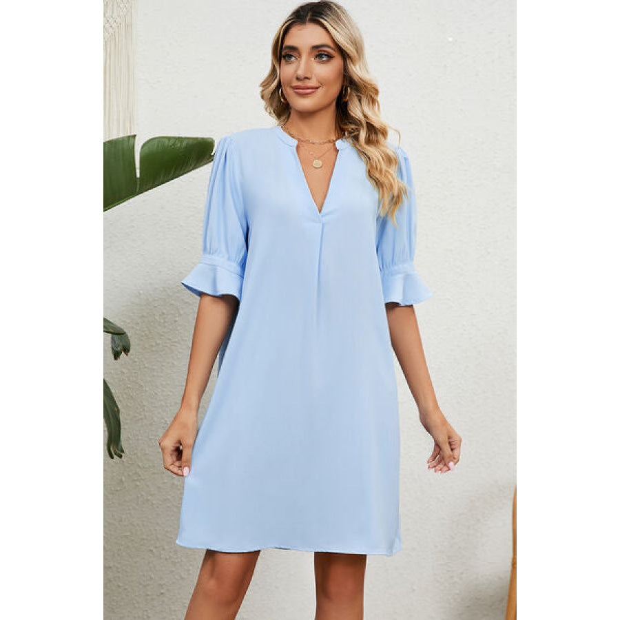 Notched Flounce Sleeve Mini Dress Pastel Blue / S Apparel and Accessories