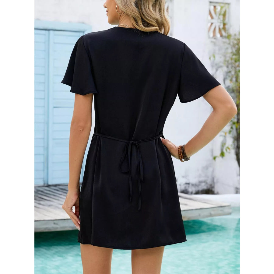 Notched Flutter Sleeve Mini Dress Apparel and Accessories