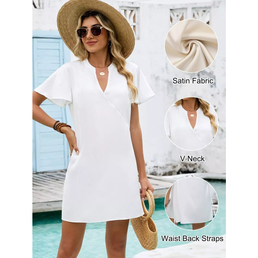 Notched Flutter Sleeve Mini Dress Apparel and Accessories