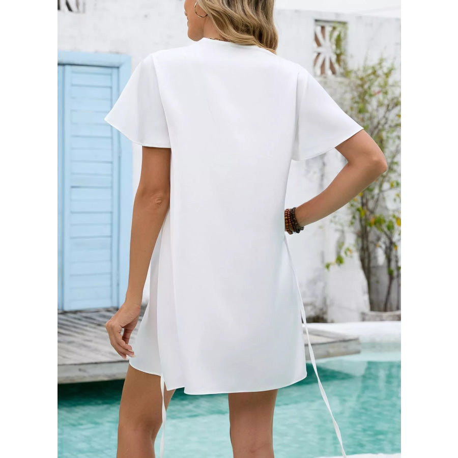Notched Flutter Sleeve Mini Dress Apparel and Accessories