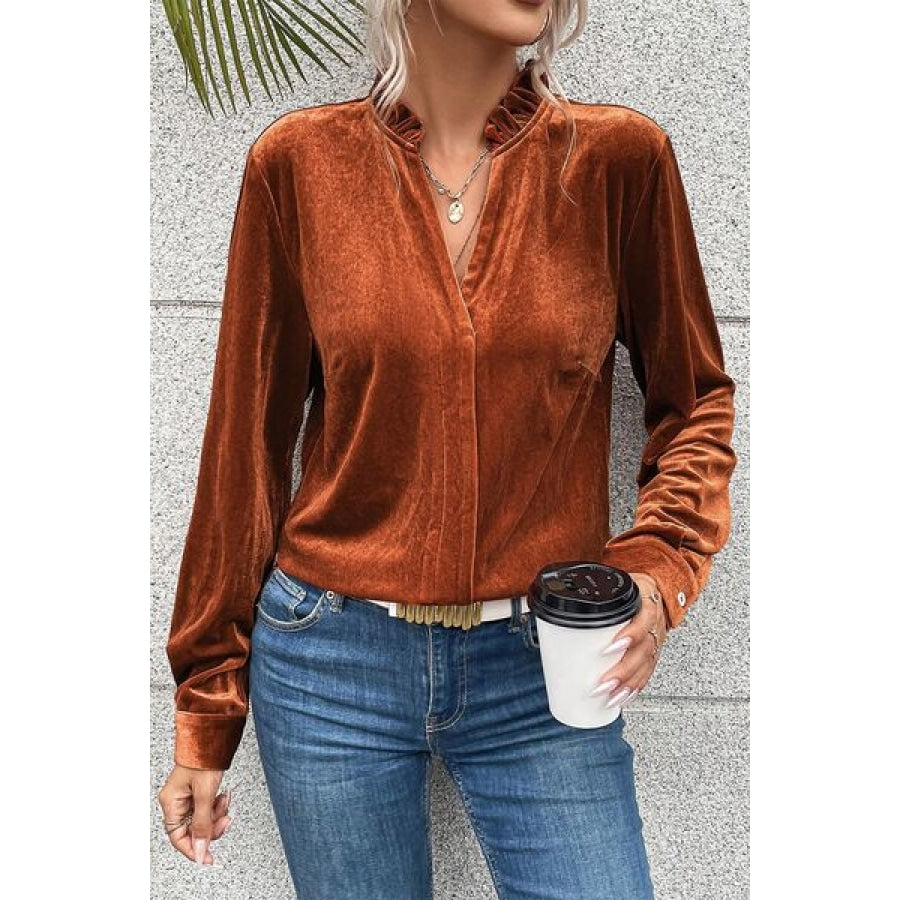 Notched Frill Detail Long Sleeve Blouse Chestnut / S Clothing