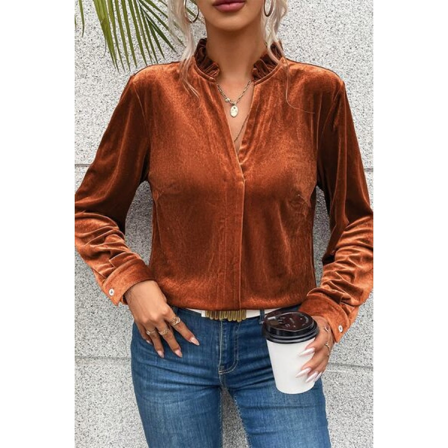 Notched Frill Detail Long Sleeve Blouse Clothing