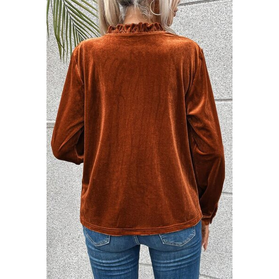 Notched Frill Detail Long Sleeve Blouse Clothing