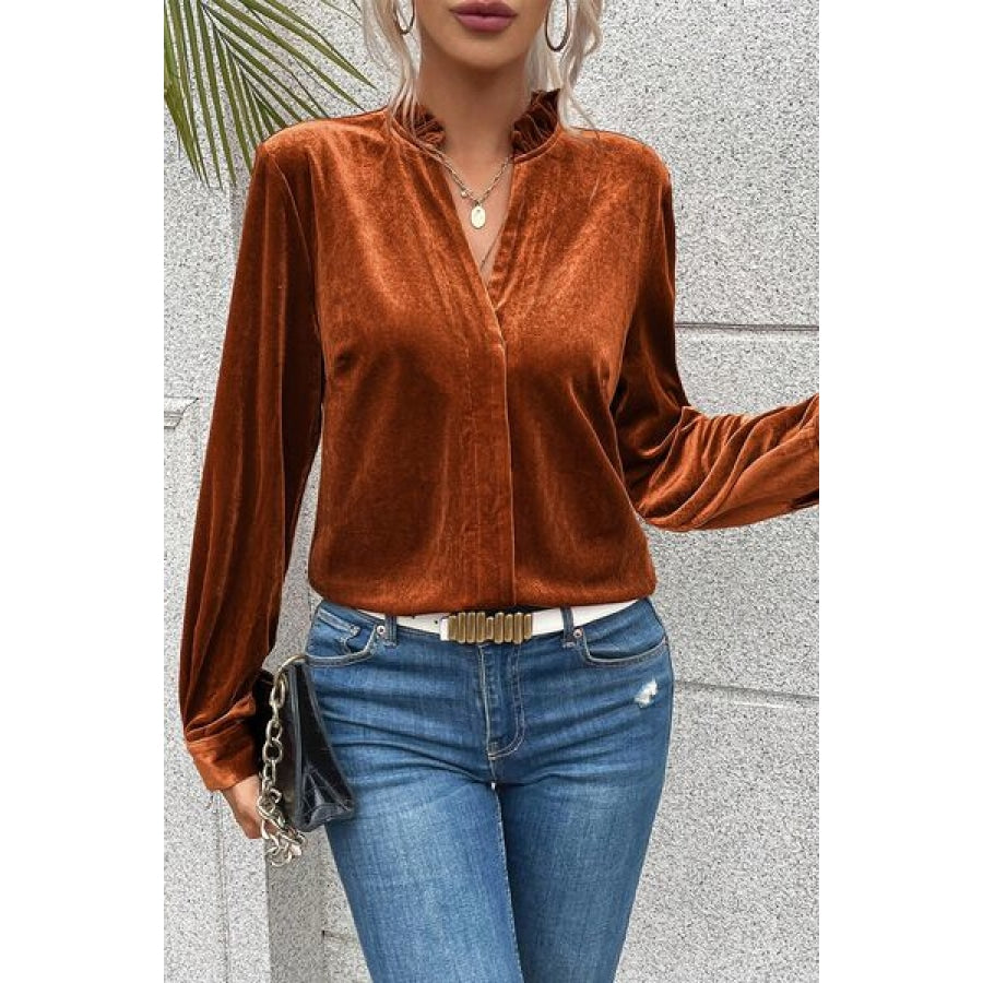 Notched Frill Detail Long Sleeve Blouse Clothing