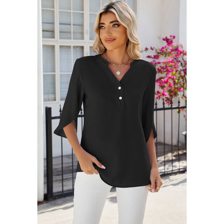 Notched Half Button T - Shirt Black / S Apparel and Accessories