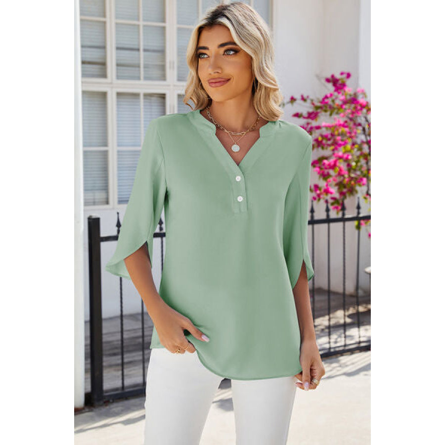 Notched Half Button T - Shirt Gum Leaf / S Apparel and Accessories