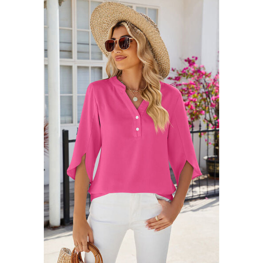 Notched Half Button T - Shirt Hot Pink / S Apparel and Accessories
