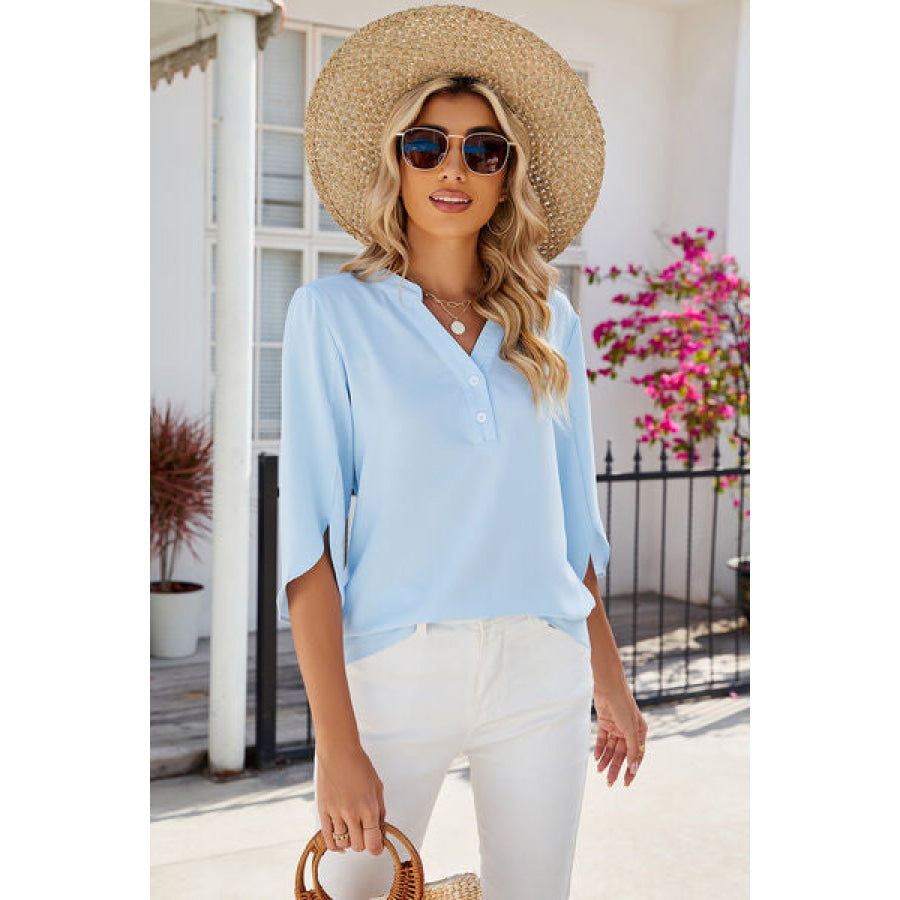 Notched Half Button T - Shirt Pastel Blue / S Apparel and Accessories