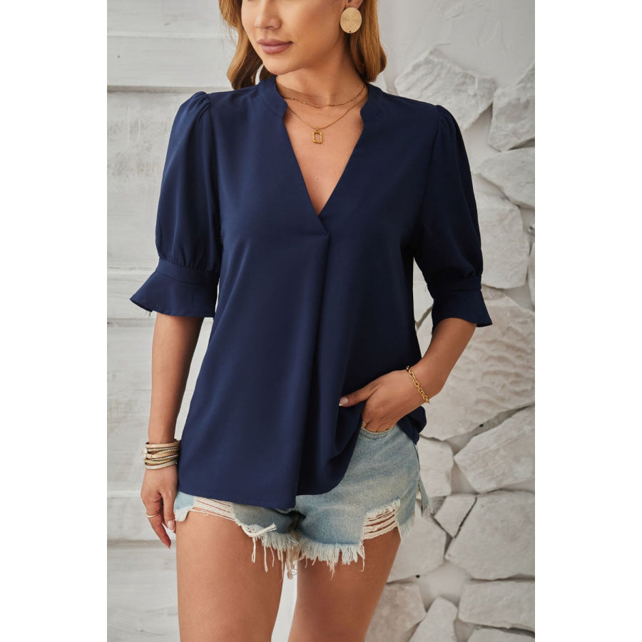 Notched Half Sleeve Blouse Apparel and Accessories