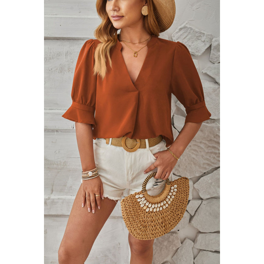 Notched Half Sleeve Blouse Apparel and Accessories