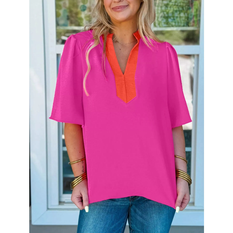 Notched Half Sleeve Blouse Apparel and Accessories